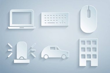 Araba, Bilgisayar faresi, Flasher sireni, House, Klavye ve Laptop simgesini ayarla. Vektör