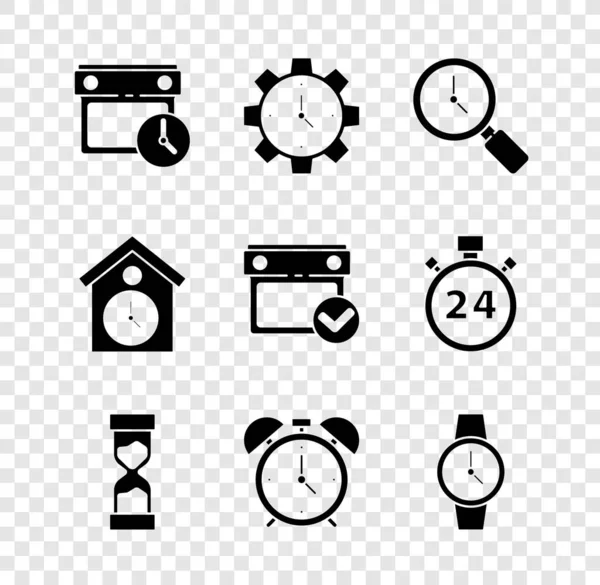 Establecer Calendario Reloj Gestión Tiempo Lupa Con Reloj Arena Viejo — Archivo Imágenes Vectoriales