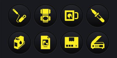 Yazıcı mürekkep kartuşu, Pipette, Dosya belgesi, karton kutu, kahve fincanı, tarayıcı ve boya fırçası ikonu. Vektör