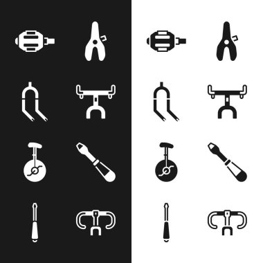 Bisiklet gidonunu, çatalı, pedalı, koltuğu, tek tekerlekli bisikleti, tornavidayı ve ikonu ayarla. Vektör