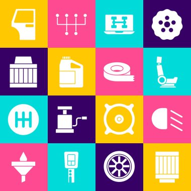 Araba hava filtresi, yüksek ışın, koltuk, arabanın tanısal durumu motor yağı, kapı ve koli bandı ikonu için teneke kutu. Vektör