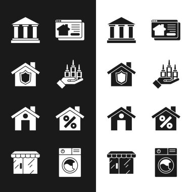 Skyscraper 'ı ayarla, kalkanlı ev, müze binası, çevrimiçi emlak evi, indirimli satış, çamaşır yıkama ve market ikonu. Vektör