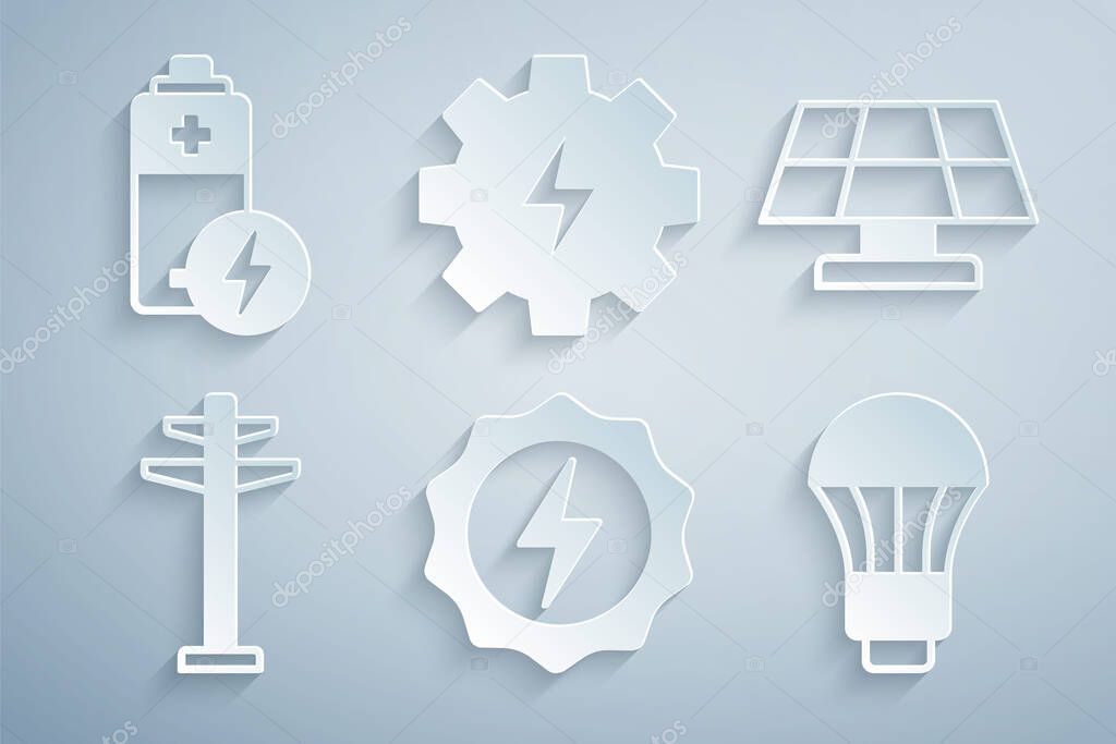 Set Lightning bolt, Solar energy panel, Electric tower, LED light bulb, Gear and lightning and Battery icon. Vector