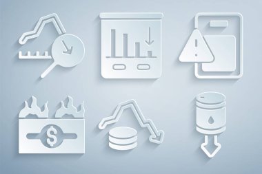 Dolar oranı düşüşü, küresel ekonomik kriz, yanan dolar faturası, ham petrol fiyatını düşürme, pasta grafiği bilgisi ve ikon. Vektör