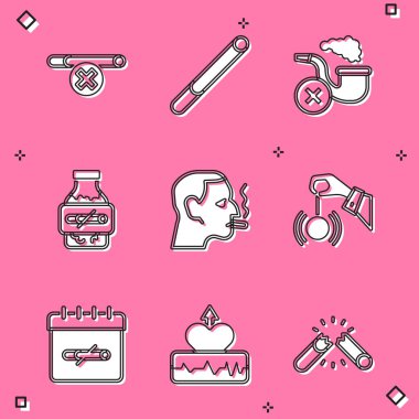 Sette sigara, sigara, dumanlı pipo, nikotin sakız şişirme paketi, erkek sigarası, hipnoz, günler ve kalp atışı artan ikon. Vektör