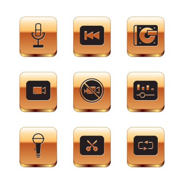 Mikrofon, Müzik veya video düzenleme, İçki Yasağı, Kayıt Yok, Oynat düğmesi, Vinil çalıcı ve vinil disk, Tekrarla ve Geri Al simgesini ayarla. Vektör