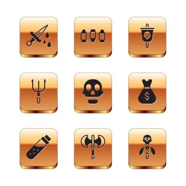 Kılıcı kanla, şişe iksiriyle, ortaçağ kutup baltasıyla, kafatasıyla, Neptün mızrağıyla, korsan bayrağıyla, sihirli değnekle ve kurşun ikonuyla ayarla. Vektör