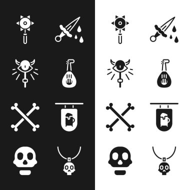 Lute, Magic Asası, Ortaçağ Zincirli Topları, Kanlı Kılıç, Çapraz İnsan Kemikleri, Sokak Levhası, Kolye Tılsımı ve Kafatası ikonu. Vektör