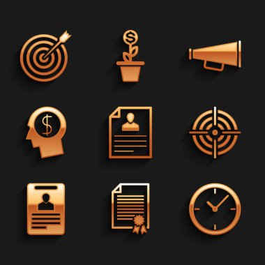 Özgeçmiş, sertifika şablonu, saat, hedef sporu, kimlik kartı ve zihin ikonu planlayan iş adamı ayarlayın. Vektör