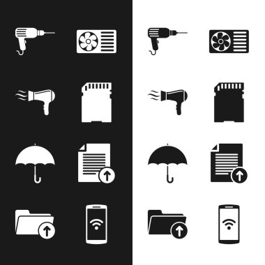 Hafıza kartını, saç kurutma makinesini, matkap makinesini, klimayı, şemsiyeyi ve dosya ikonunu ayarla. Vektör