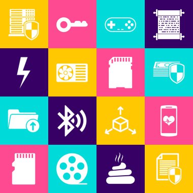 Belge koruması, kalp atış hızı, para, av pisti, klima ve şimşek sürgülü akıllı telefon. Vektör