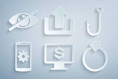 Monitörü dolar, balık oltası, akıllı telefon, elmas nişan yüzüğü yükleme ve görünmez gizleme simgesi ile ayarla. Vektör