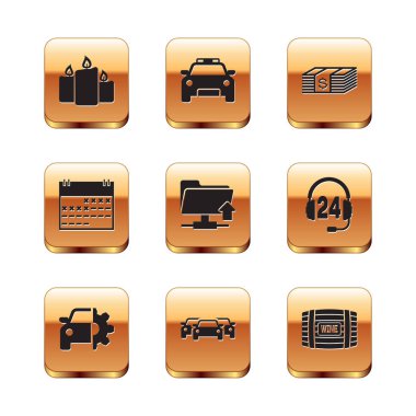 Yanan mumları, araba servisini, arabaları, FTP klasörü yüklemesini, takvimi ve kağıt para ikonunu ayarlayın. Vektör