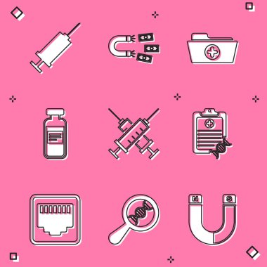 Şırıngayı, mıknatısı parayla ayarla, sağlık dosyası, ilaç şişesi, ampul, çapraz şırınga ve pano DNA analiz ikonu. Vektör