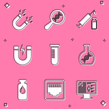 Mıknatısı şimşek, DNA araştırması, arama, tıbbi şırınga ve şişe, test tüpü veya matara ve ikon ile ayarla. Vektör
