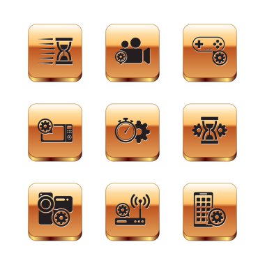 Eski kum saatlerini, video kamera ayarlarını, Router kablosuz bağlantısını, zaman yönetimini, mikrodalga fırını ve Gamepad simgesini ayarla. Vektör