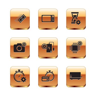 Hızlı ödemeler, zaman yönetimi ayarları, güç bankası, fotoğraf makinesi ve kum saati simgesi. Vektör