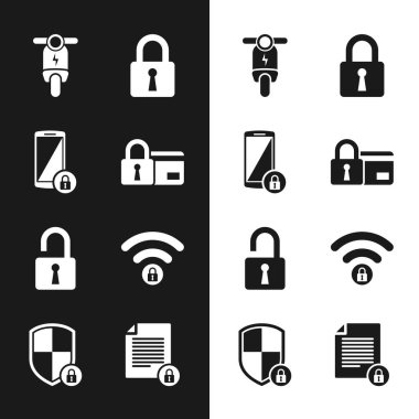 Kredi kartını kilit, akıllı telefon, elektrikli scooter, kilit, kilidi aç ve Wifi kilit simgesini kilitle. Vektör