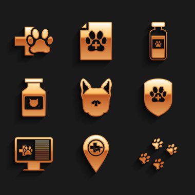 Set Köpeği, Konum Veterineri, Paw baskısı, Hayvan Sağlık Sigortası, Klinik Plak İzleyicisi ve Kedi İlaç Şişesi ikonu. Vektör