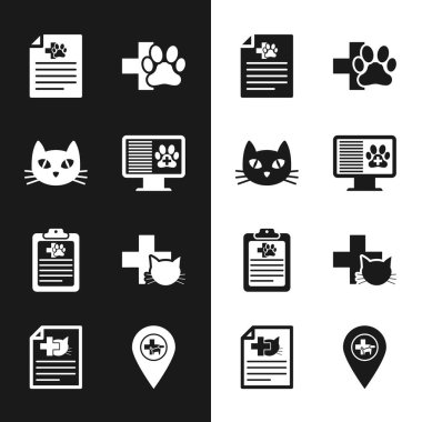 Klinik kayıt hayvanını monitöre, Cat 'i köpek kedisine tıbbi sertifika veteriner kliniğine ve ikona ayarla. Vektör