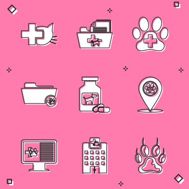 Veteriner kliniği, tıbbi kayıtlar klasörü, köpek ilacı şişesi, haplar ve konum ikonu. Vektör