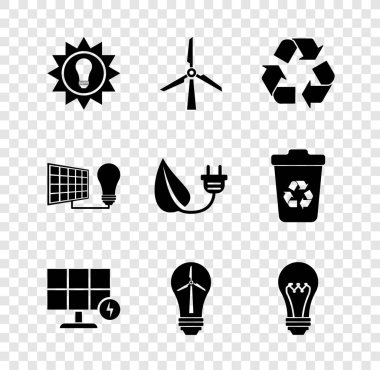 Güneş enerjisi paneli, rüzgar türbini, geri dönüşüm sembolü, rüzgarlı ampul ve elektrik prizi yaprak ikonu. Vektör