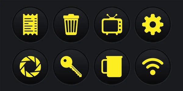 Réglez Volet de caméra, Réglages d'engrenages de roue dentée, Clé, tasse à café, Télévision et icône poubelle. Vecteur — Image vectorielle