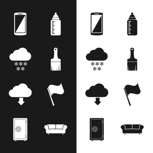 Σετ πινέλο μπογιάς, σύννεφο με χιόνι, Smartphone, κινητό τηλέφωνο, μπιμπερό, λήψη και εικονίδιο σημαίας. Διάνυσμα — Διανυσματικό Αρχείο