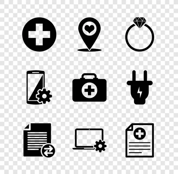 Set Medisch kruis in cirkel, Kaartaanwijzer met hart, Diamanten verlovingsring, Overdrachtsbestanden, Laptop en gear en Clinical record icoon. Vector — Stockvector