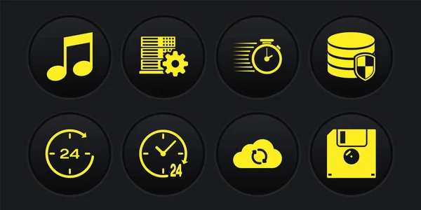 Beállítás óra 24 óra, Adatbázis védelem,, Felhő szinkronizálás frissítés, Stopwatch és szerver beállítás ikon. Vektor — Stock Vector