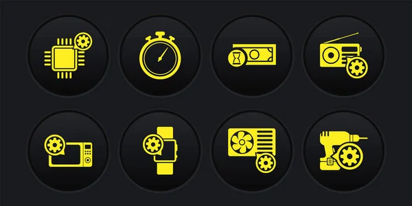 Set Mikrowellenherd Einstellung, Radio, Smartwatch, Klimaanlage, schnelle Zahlungen und Stoppuhr-Symbol. Vektor — Stockvektor