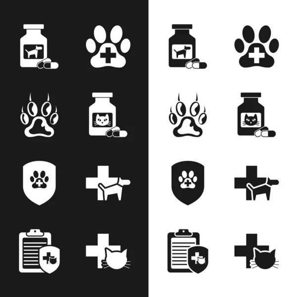 Set Cat medicijn fles en pillen, Paw print, Hond, Veterinaire kliniek, Diergezondheid verzekering en pictogram. Vector — Stockvector