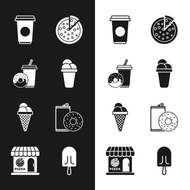 Donutlu dondurma, gazoz, kahve fincanı, pizza, waffle konisi, alüminyum kutu soda ve Pizzeria 'nın ön cephe ikonu. Vektör