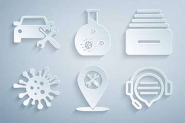 Konum hizmetini ayarla, belgeli çekmece, bakteri, kulaklık, konuşma balonu sohbeti, test tüpü virüsü ve araba simgesi. Vektör