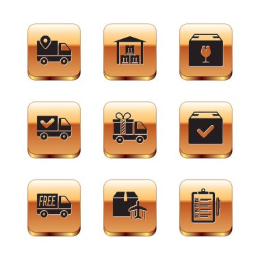 Teslimat takibi, ücretsiz teslimat servisi, uçak ve karton kutu, hediyeli kamyon, kontrol işareti, kırılgan içerik, listenin doğrulanması ve Depo simgesi. Vektör