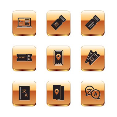 Çevrimiçi otel rezervasyonu, Çevirmen, Kapak Seyahat Rehberi, Şehir Haritası, Bilet ve Müze bileti ikonu. Vektör