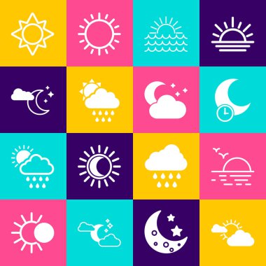Güneş ve bulut havası, Günbatımı, Uyuyan Ay, Yağmur güneşi, yıldızlar ve ikonlu bulut. Vektör