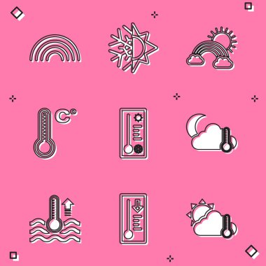 Gökkuşağı, Güneş ve kar tanelerini, bulutlu güneş, meteoroloji termometresi, termometre bulutu, ay, su ve ikon ile ayarla. Vektör