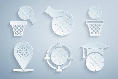 Set planlama stratejisi, basketbol topu ve basket, basketbol, antrenman, El ve ikonlu konum. Vektör