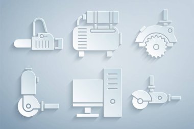 Bilgisayar monitörünü, elektrikli testere, açılı öğütücü, hava kompresörü ve elektrikli testere simgesini ayarla. Vektör