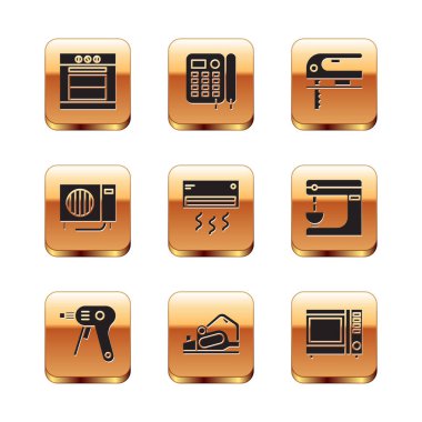 Fırın, elektrikli tutkal tabancası, planör aleti, klima ve yapboz simgesi. Vektör