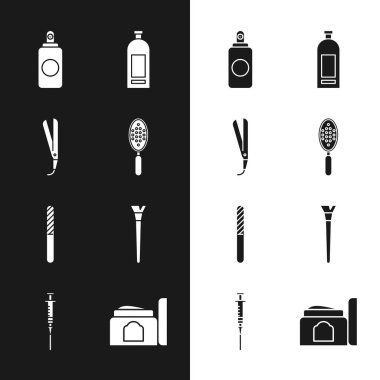 Saç fırçası, saç maşası, sprey kutusu, şampuan şişesi, tırnak törpüsü, makyaj malzemesi, krem kozmetik tüp ve şırınga ikonu. Vektör