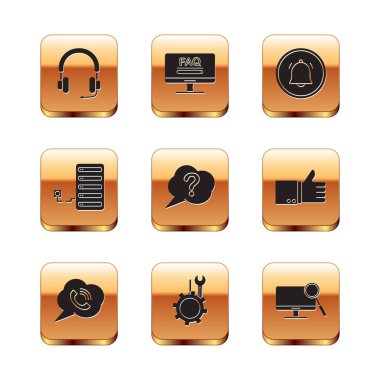 Kulaklıkları ayarla, konuşma baloncuğunu çağrı ile ayarla, Wrench ve tornavida viteste, Question, Server, Button sohbet tebligatı, Bilgisayar monitörü teşhisi ve SSS bilgi simgesini izle. Vektör