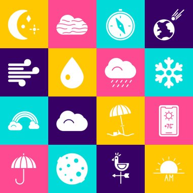 Sunrise, Weather tahminleri, Snowflake, Pusula, Su Damlası, Rüzgar, Ay ve yıldızlar ve yağmur ikonlu Bulut. Vektör