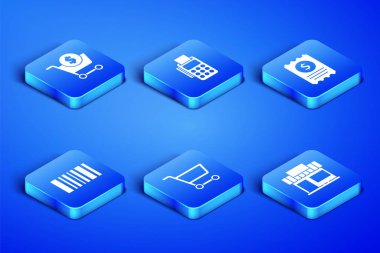 Alışveriş binası, market, el arabası ve dolar, barkod, kredi kartı ve kağıt kontrol ikonu olan POS terminali. Vektör