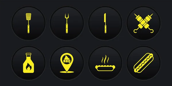 Set Ketchup-Flasche, Gegrillter Dönerspieß, Lage mit Grill, Hotdog-Sandwich, Grillmesser, Gabel und Spachtel-Symbol. Vektor — Stockvektor