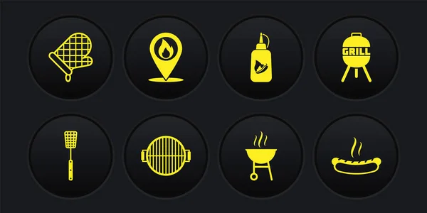 Set Espátula para barbacoa, parrilla, Botella de Ketchup, Ubicación con llama de fuego, Sandwich de Hotdog y Guante de Horno icono. Vector — Vector de stock