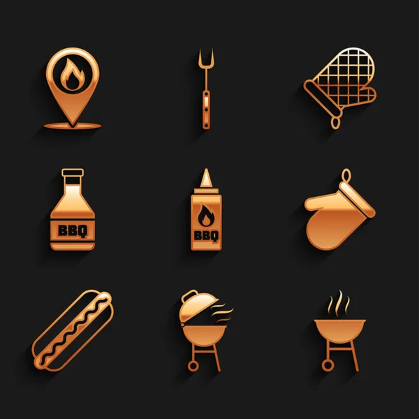 Set botella de ketchup, parrilla barbacoa, guante del horno, bocadillo Hotdog, y la ubicación con el icono de la llama de fuego. Vector — Vector de stock