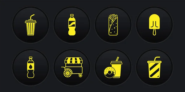 Set Láhev vody, Zmrzlina, Rychlé občerstvení vozík, Soda nápoj s koblihou, Burrito, Sklo a ikona. Vektor — Stockový vektor
