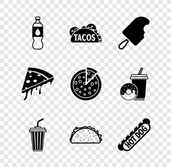 Set Botella de agua, Taco con tortilla, Helado, Vidrio, Sandwich de Hotdog, Pizza Slice y Pizza icono. Vector — Vector de stock